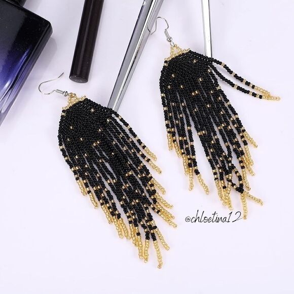 NEW Handmade Black/ Gold Long Tassel Earrings,  Statement Earrings - Picture 3 of 5